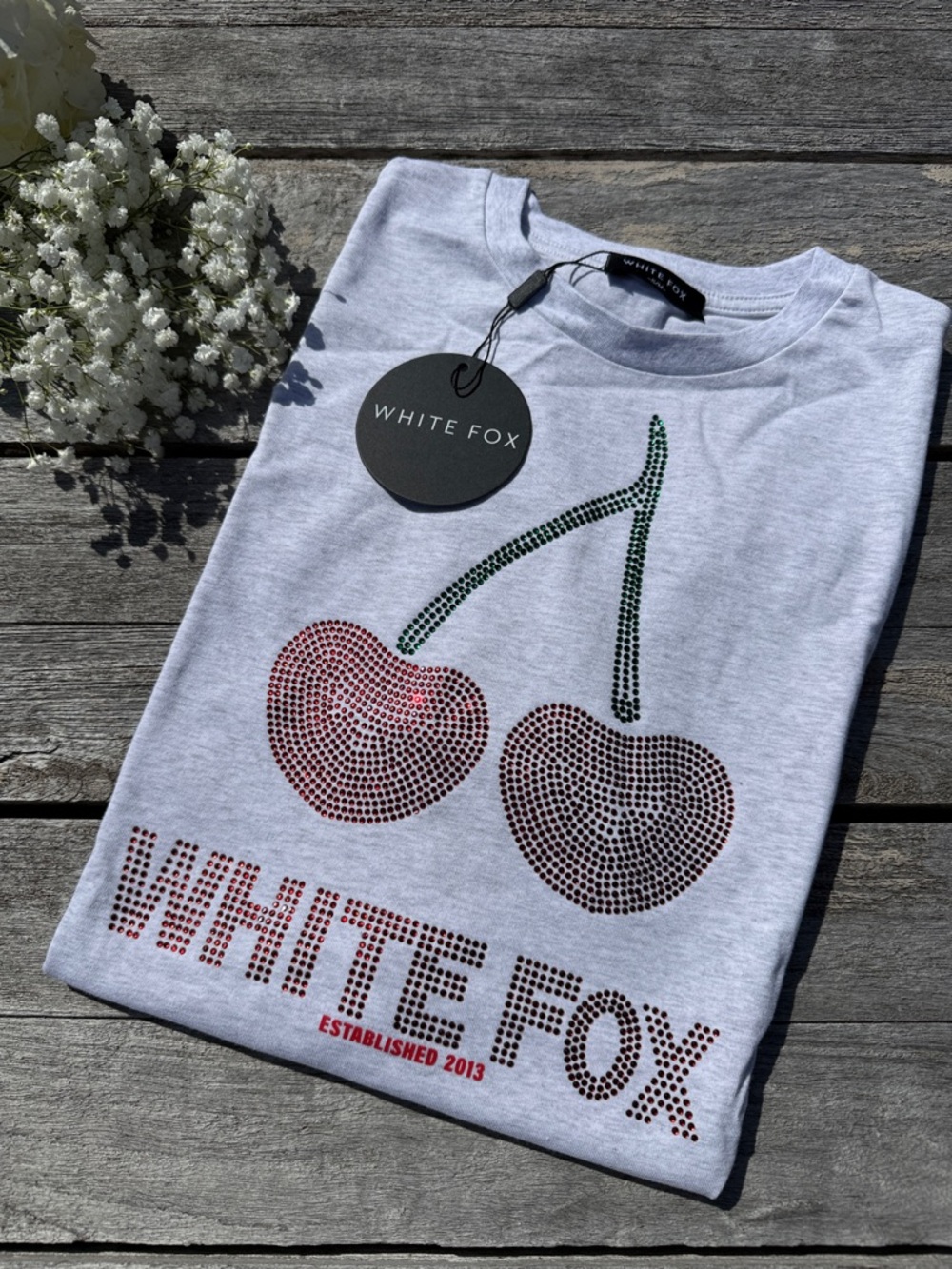 White Fox Made With Love Oversized Tee‎ Grey Marle Rhinestone Cherry S/M